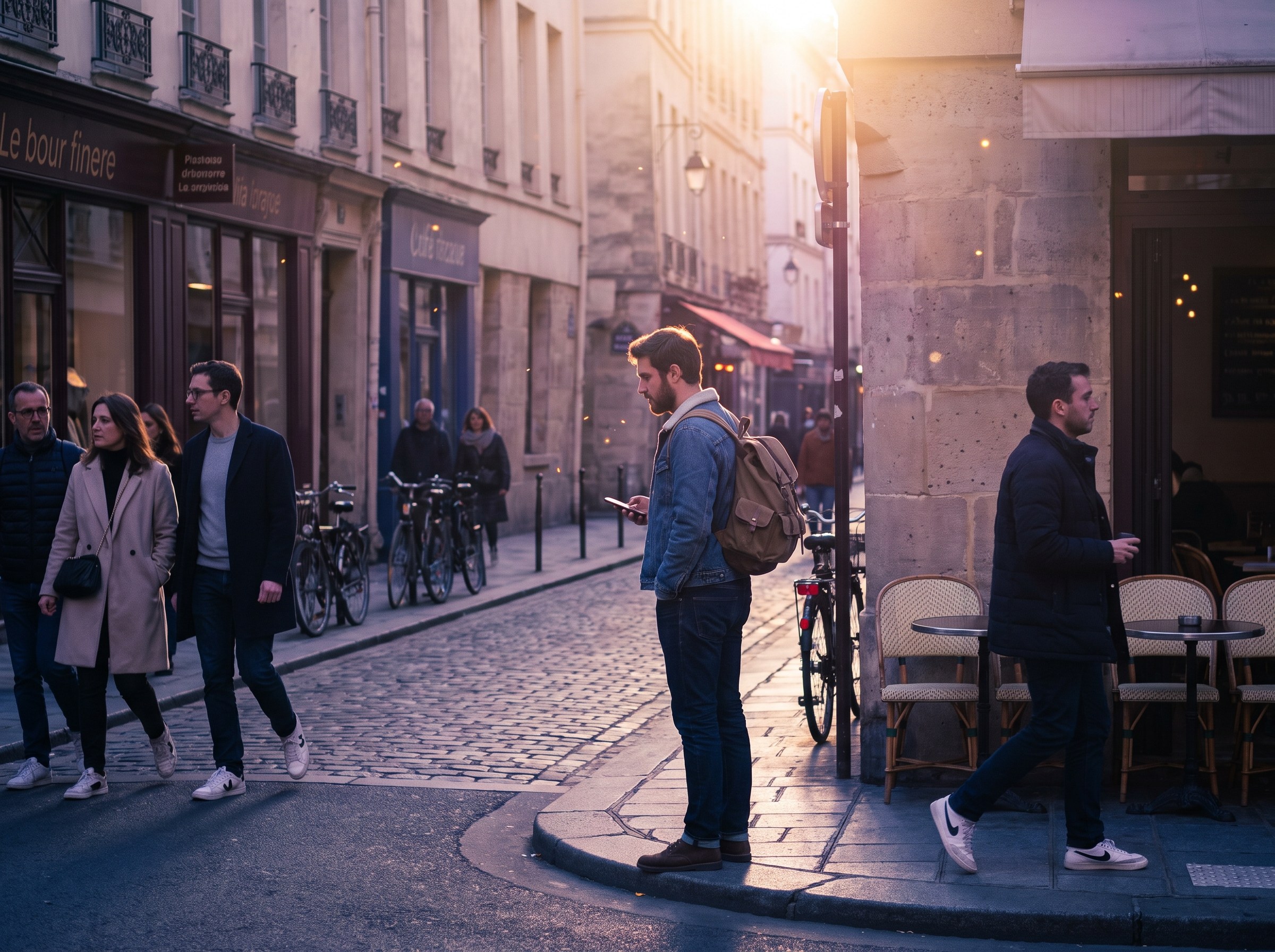 A man on a street corner in his new neighbourhood, checking his phone