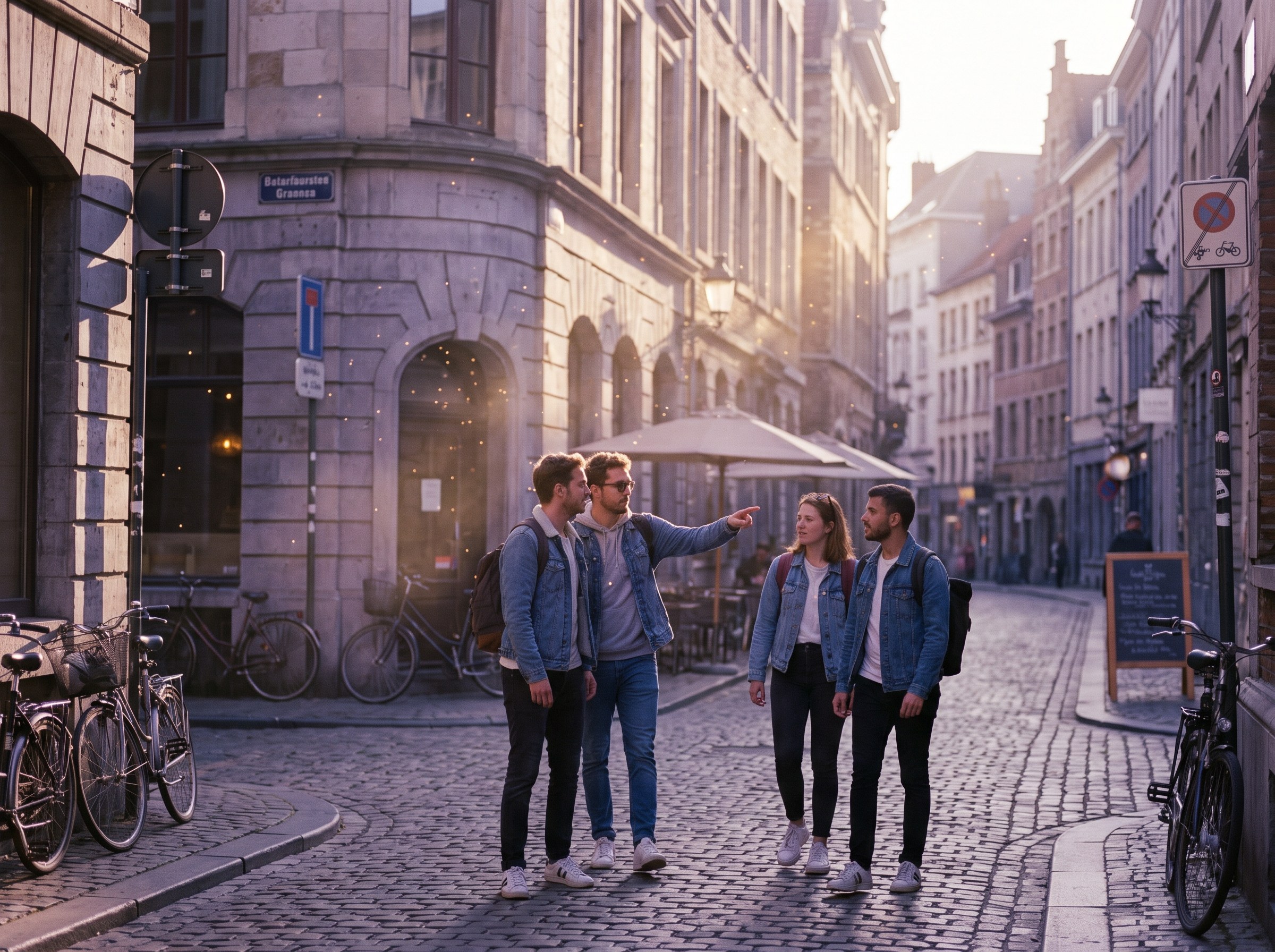 Four friends walking a cobbled street together, one pointing ahead