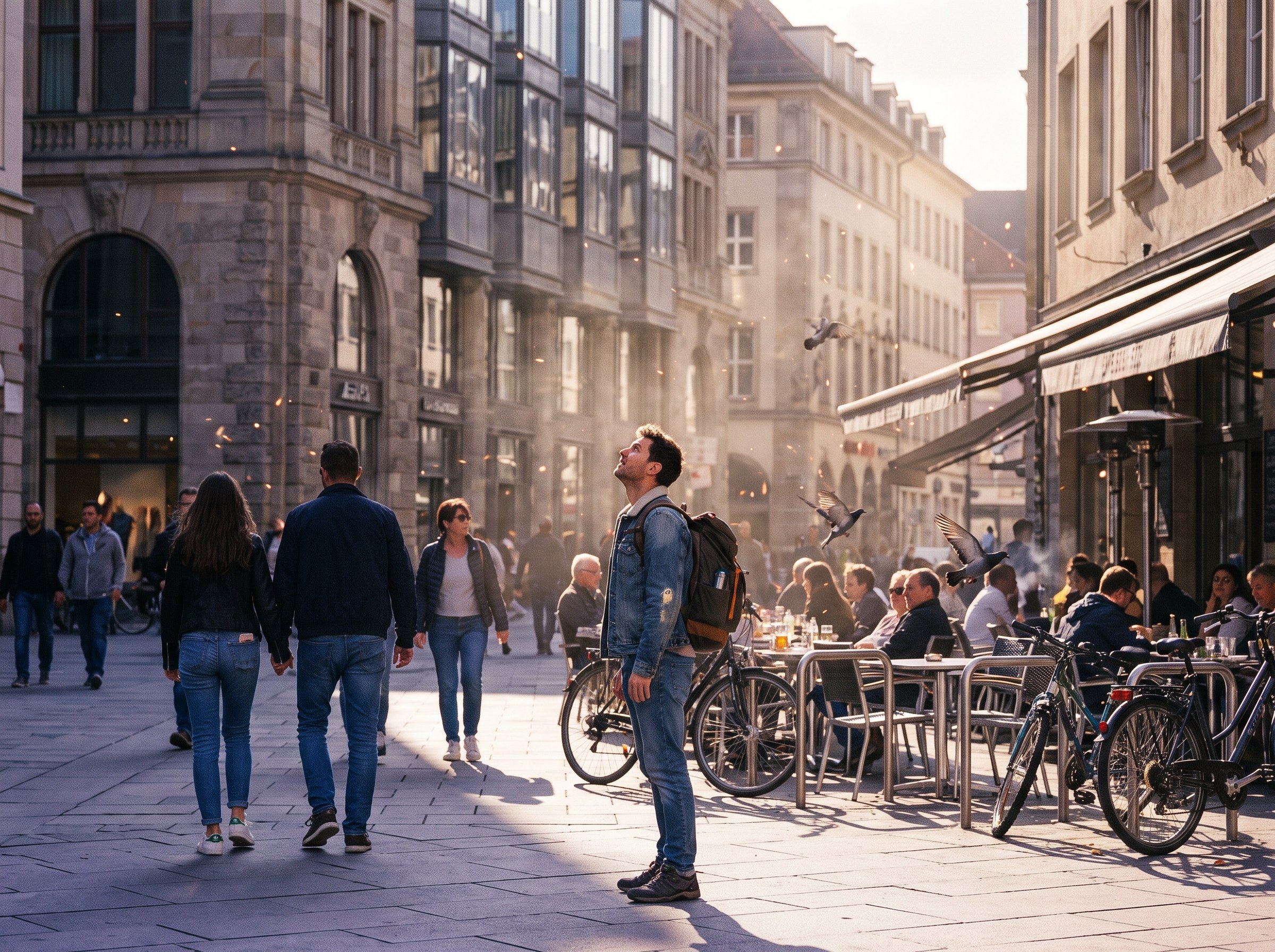 A traveller with a backpack looking up at buildings on an old square