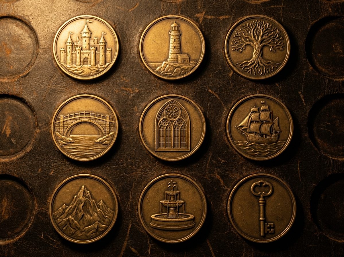 A collector's tray of engraved brass medallions