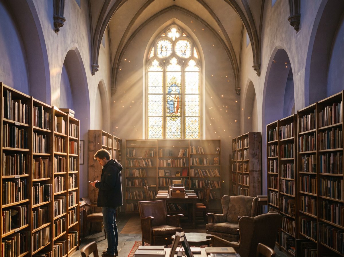 A second-hand bookshop inside a small old chapel, tall shelves under a high ceiling and an arched window