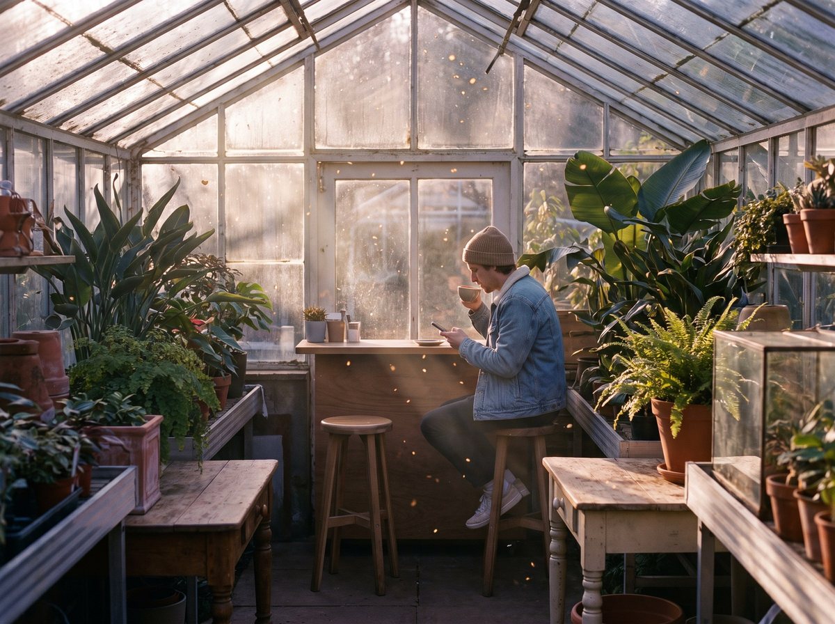 A small coffee counter with two stools inside an old glass greenhouse full of plants