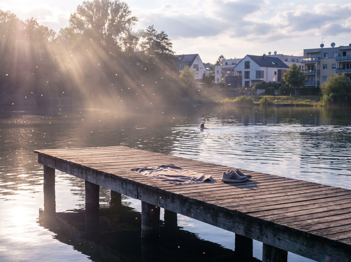 An old wooden jetty over a calm lake at the edge of town, with a towel and shoes left on the boards