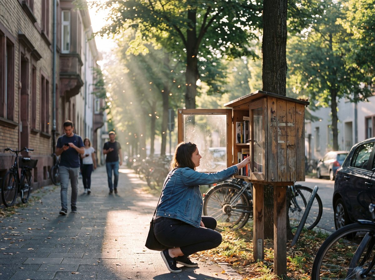 A handmade wooden book-swap box on a post beside a leafy pavement, a woman looking through the books