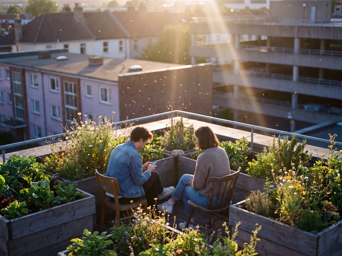 A vegetable garden with wooden planters on the roof of a car park, two people sitting and talking
