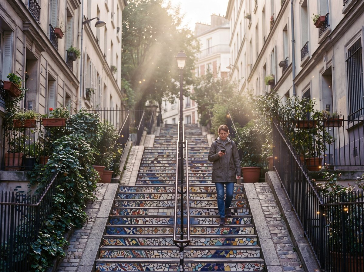 A public staircase between two streets where every step is covered in colourful mosaic tiles