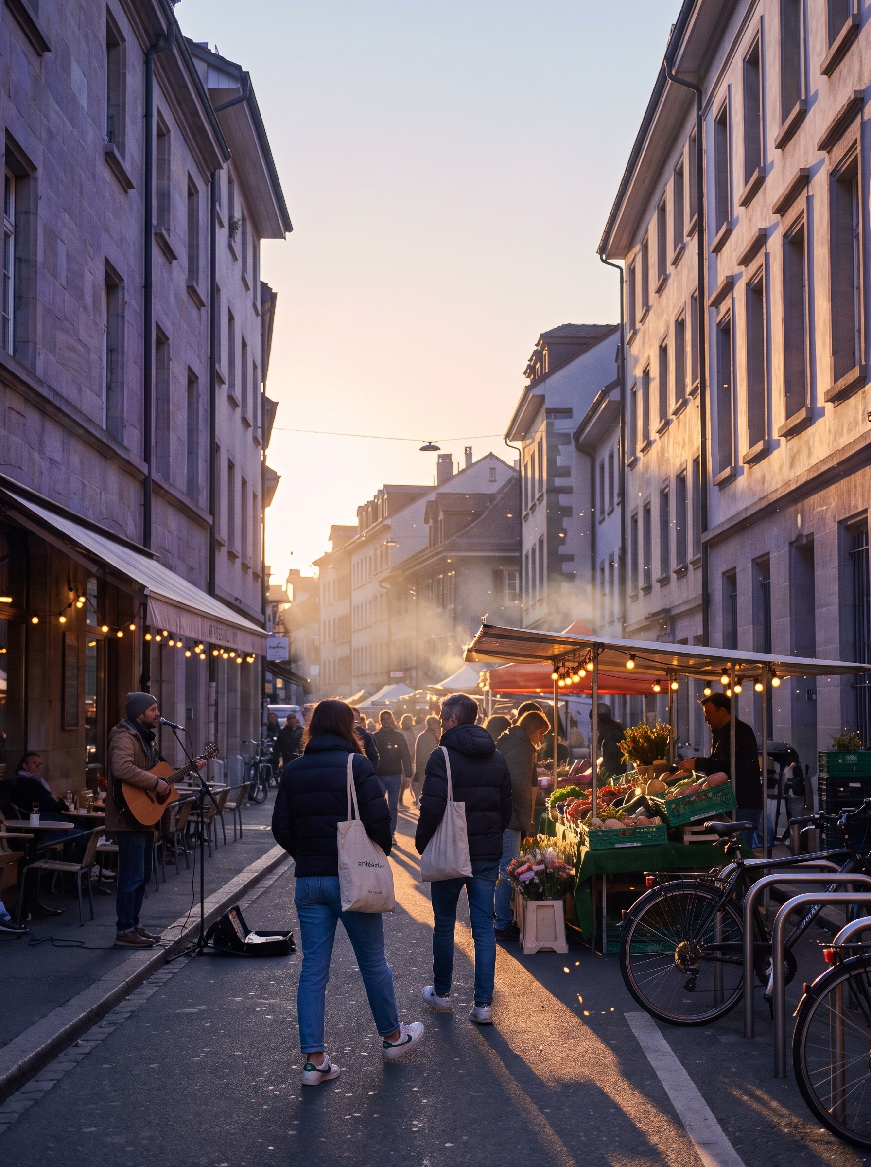 A small street market with colourful stalls, flowers and live music