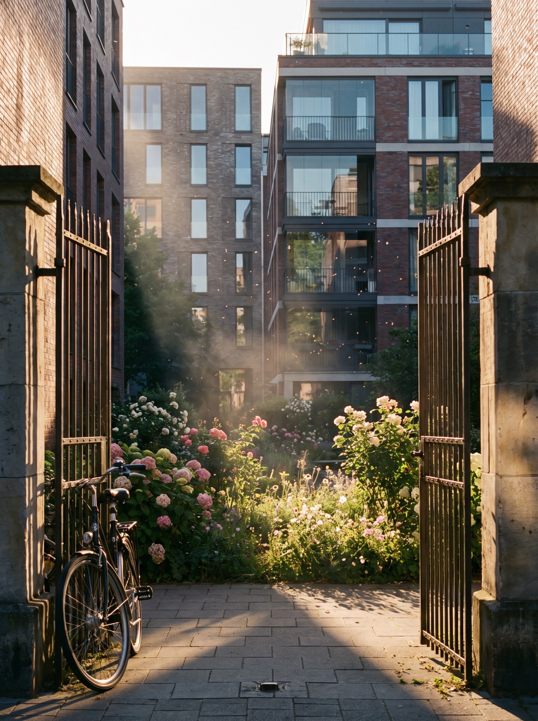 A hidden courtyard full of pink flowers behind an open iron gate