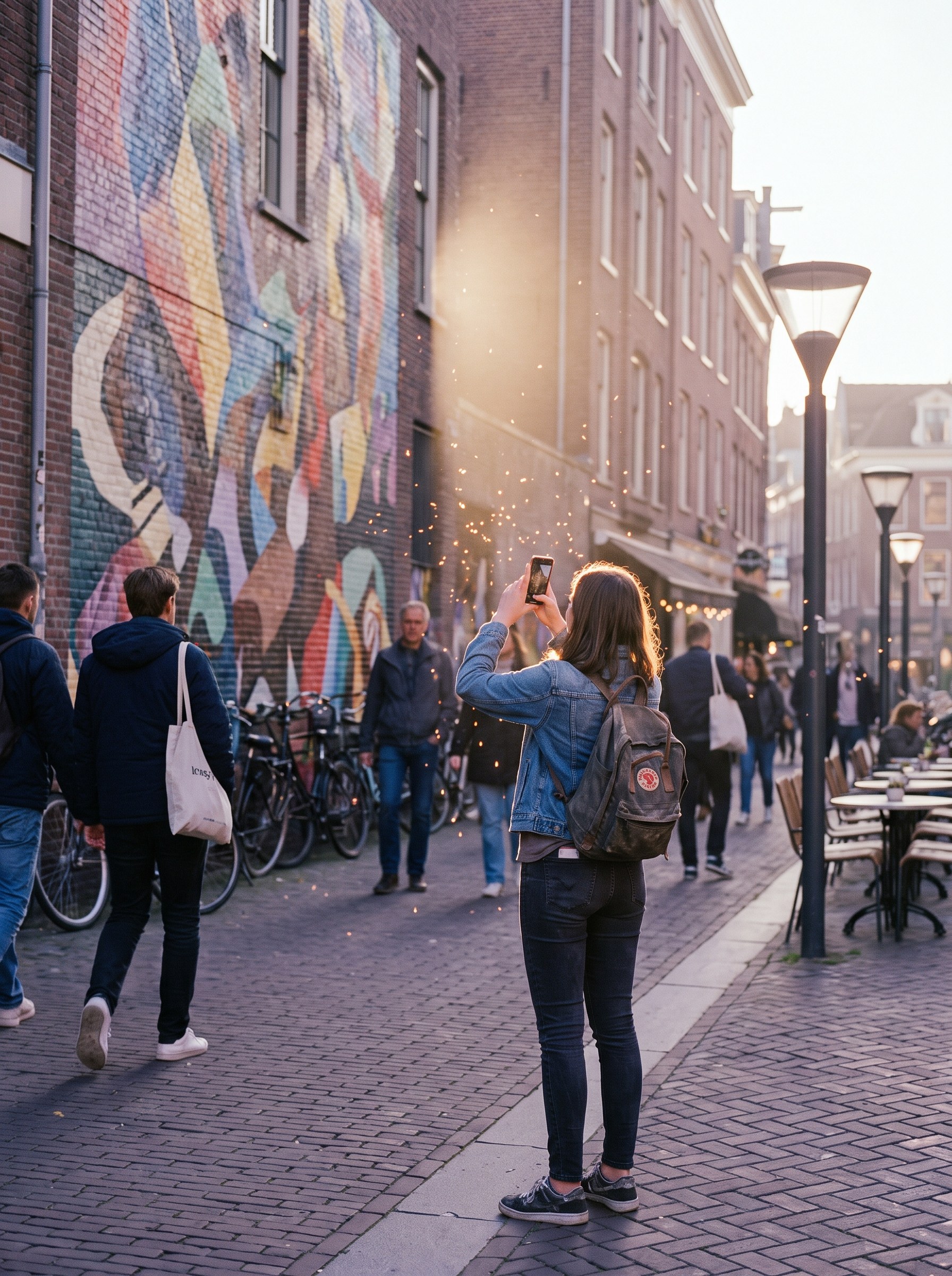 Someone photographing a big colourful street mural