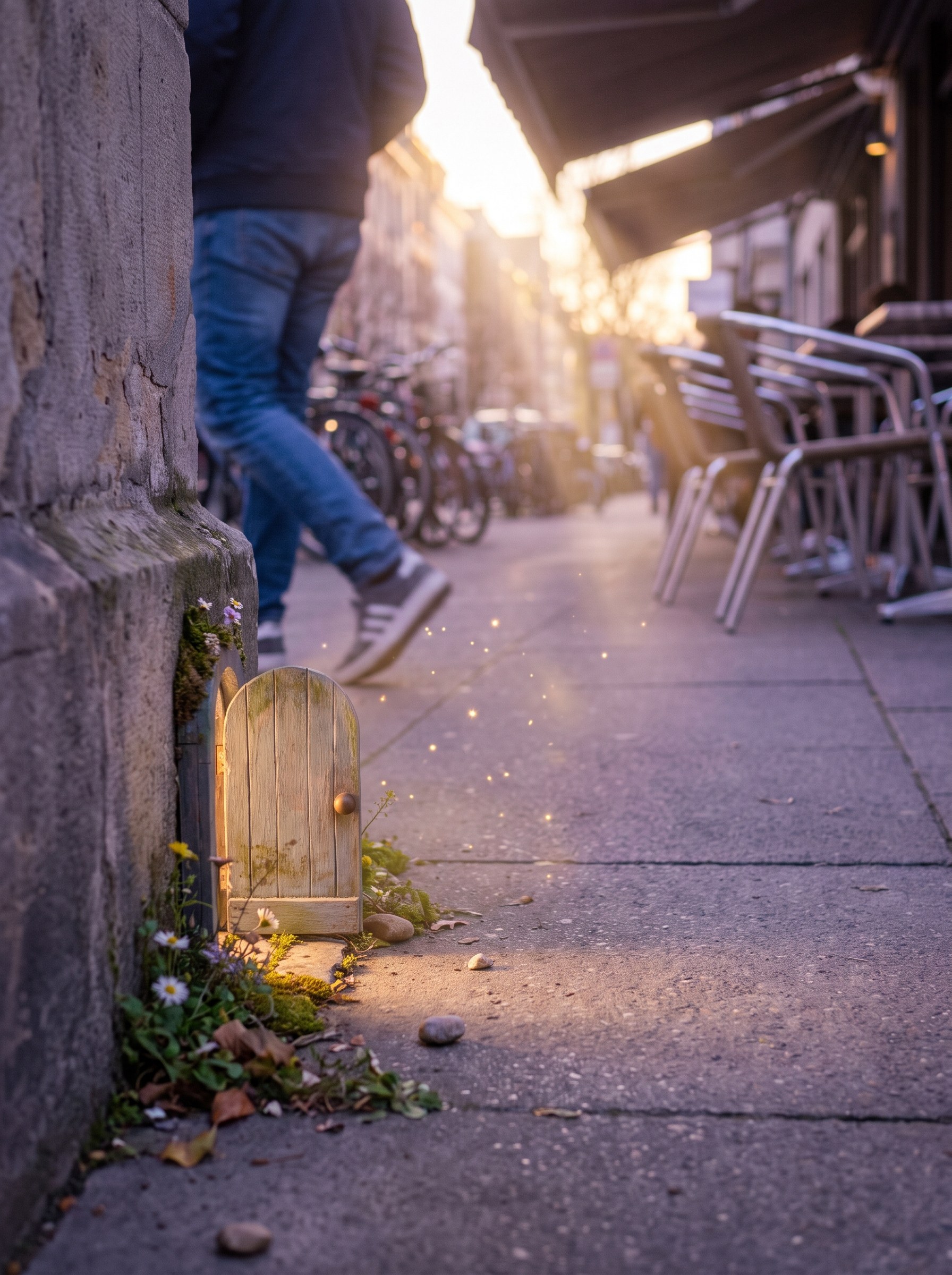 A tiny wooden door at the base of a city wall, with warm light spilling out from under it