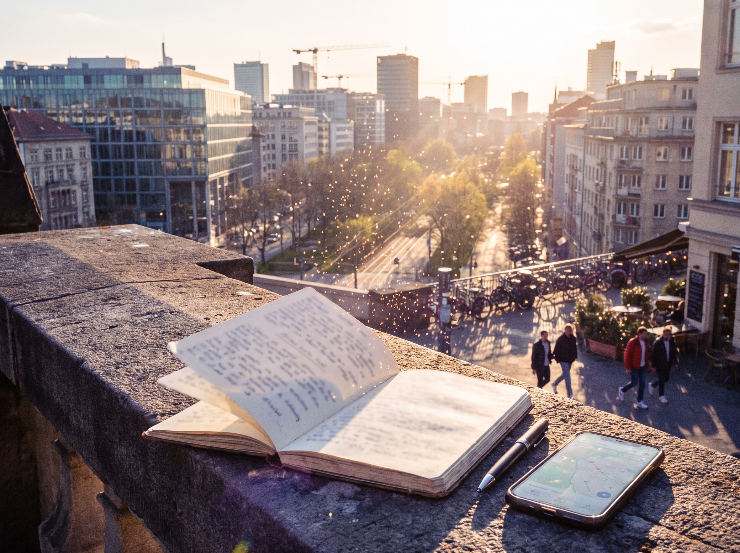 An open guestbook full of handwritten notes at a viewpoint over the city