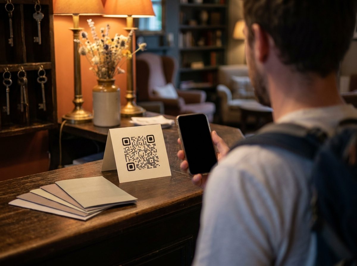 A guest at a small hotel reception scanning a printed card on the counter with their phone