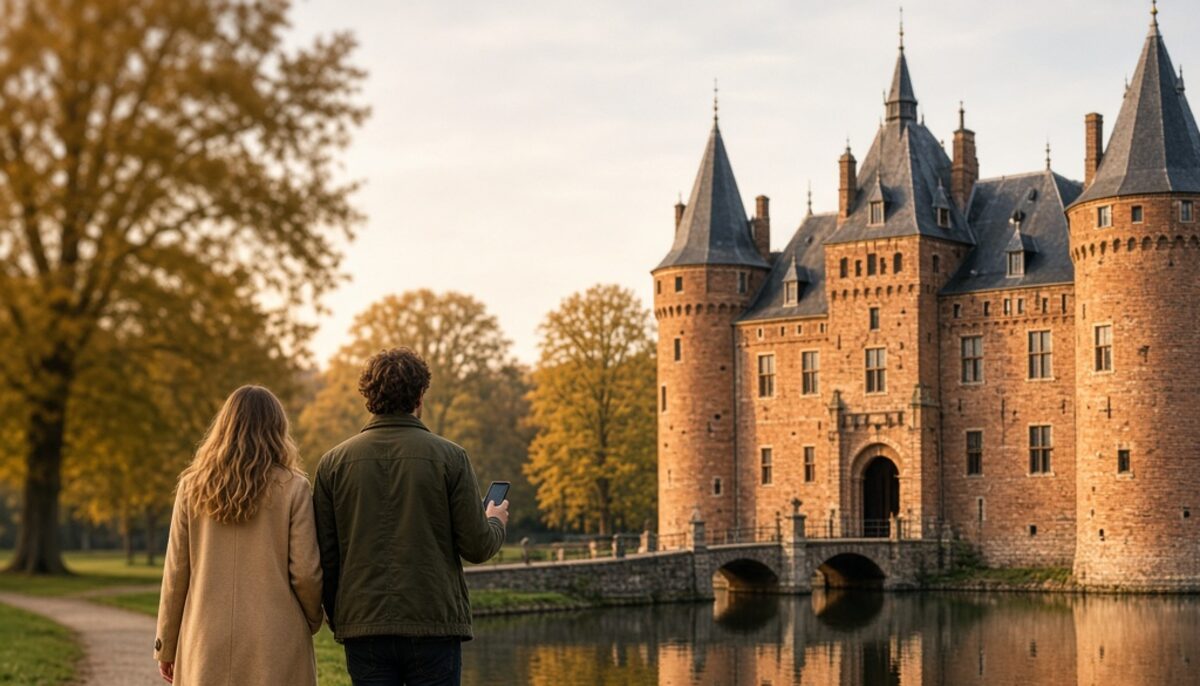 A couple walking towards a moated Dutch castle at golden hour