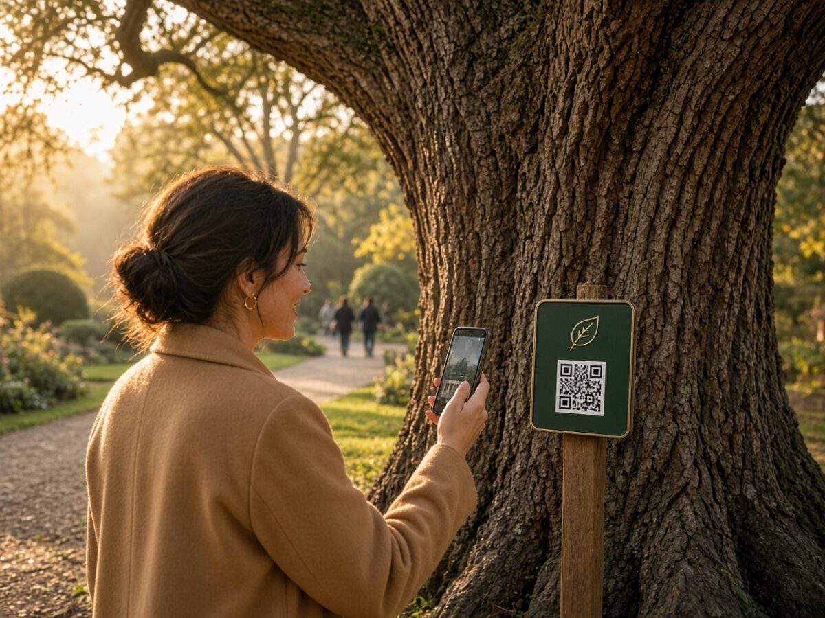 A visitor scans a QR plaque next to an ancient oak in a park