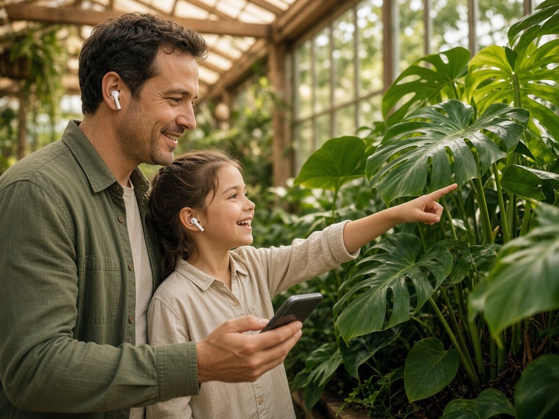 A father and daughter with earbuds listening to an audio tour in a glasshouse