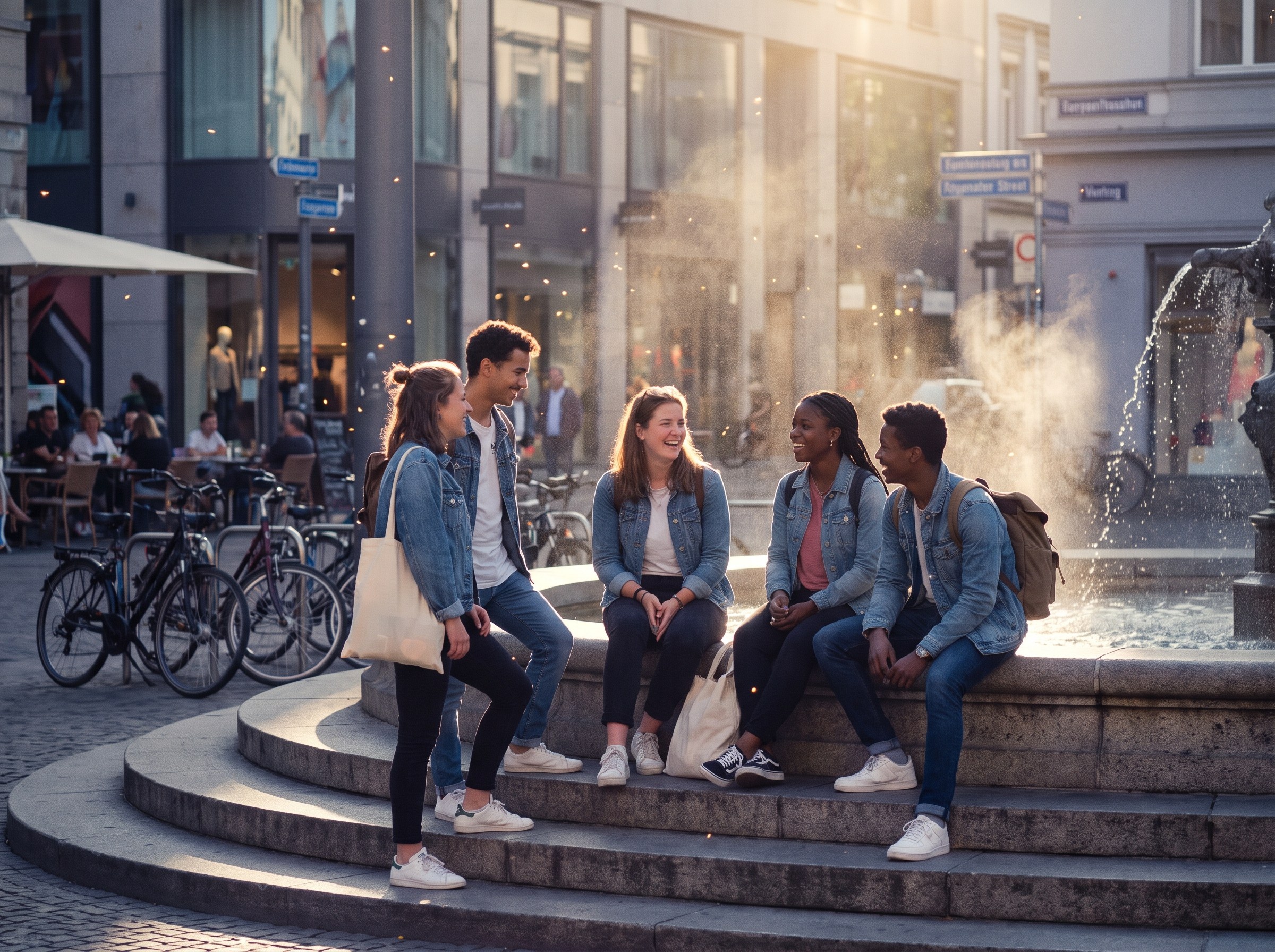 New friends talking around a fountain on a sunny colourful square