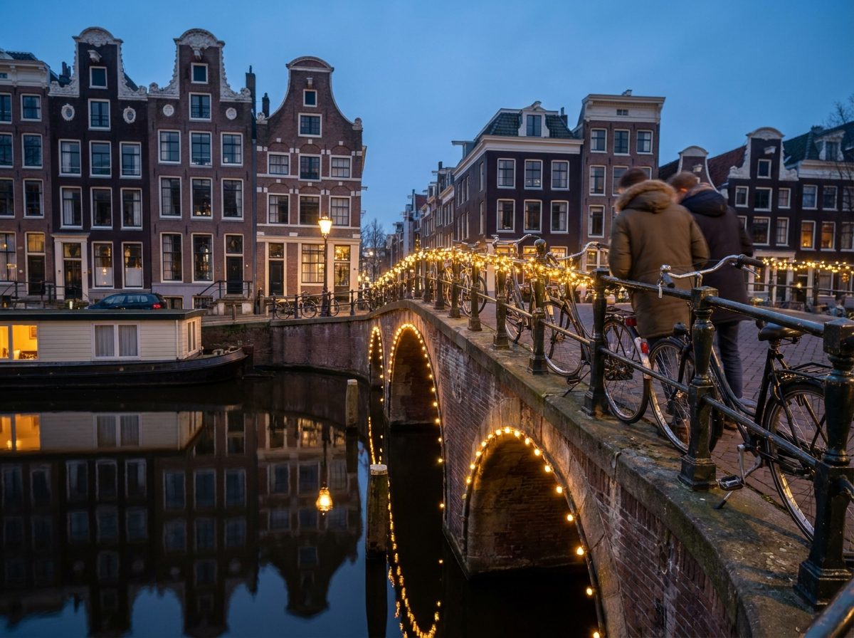 An Amsterdam canal at dusk with a lit bridge and gabled houses reflected in the water