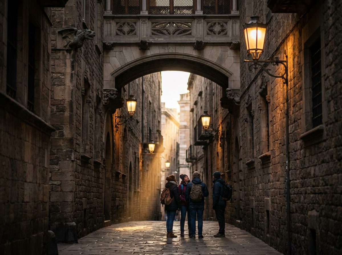 A narrow lane in the Gothic Quarter of Barcelona with a stone bridge arching overhead