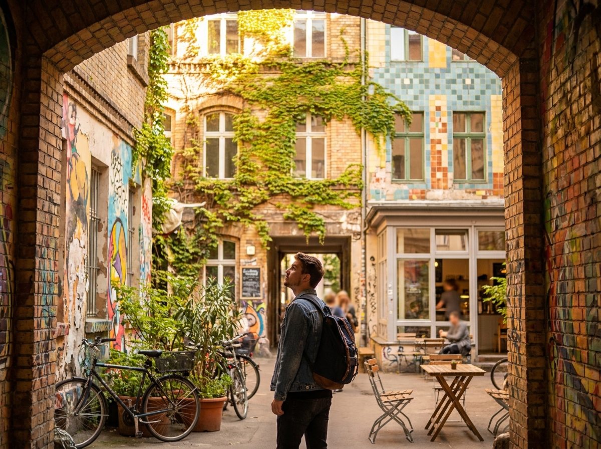 A hidden Berlin courtyard in Mitte with plants, bicycles and street art