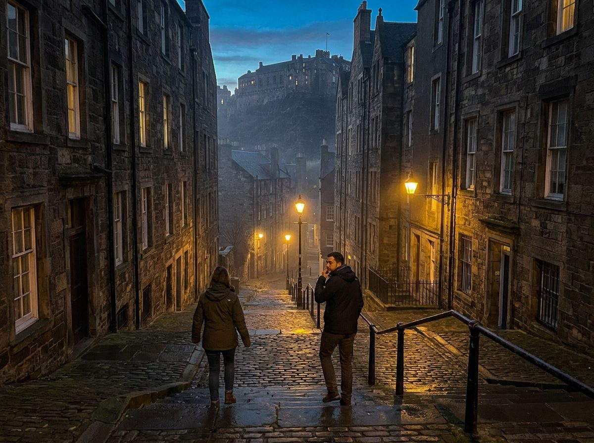 A steep stone close in Edinburgh's Old Town at dusk with mist and lamplight