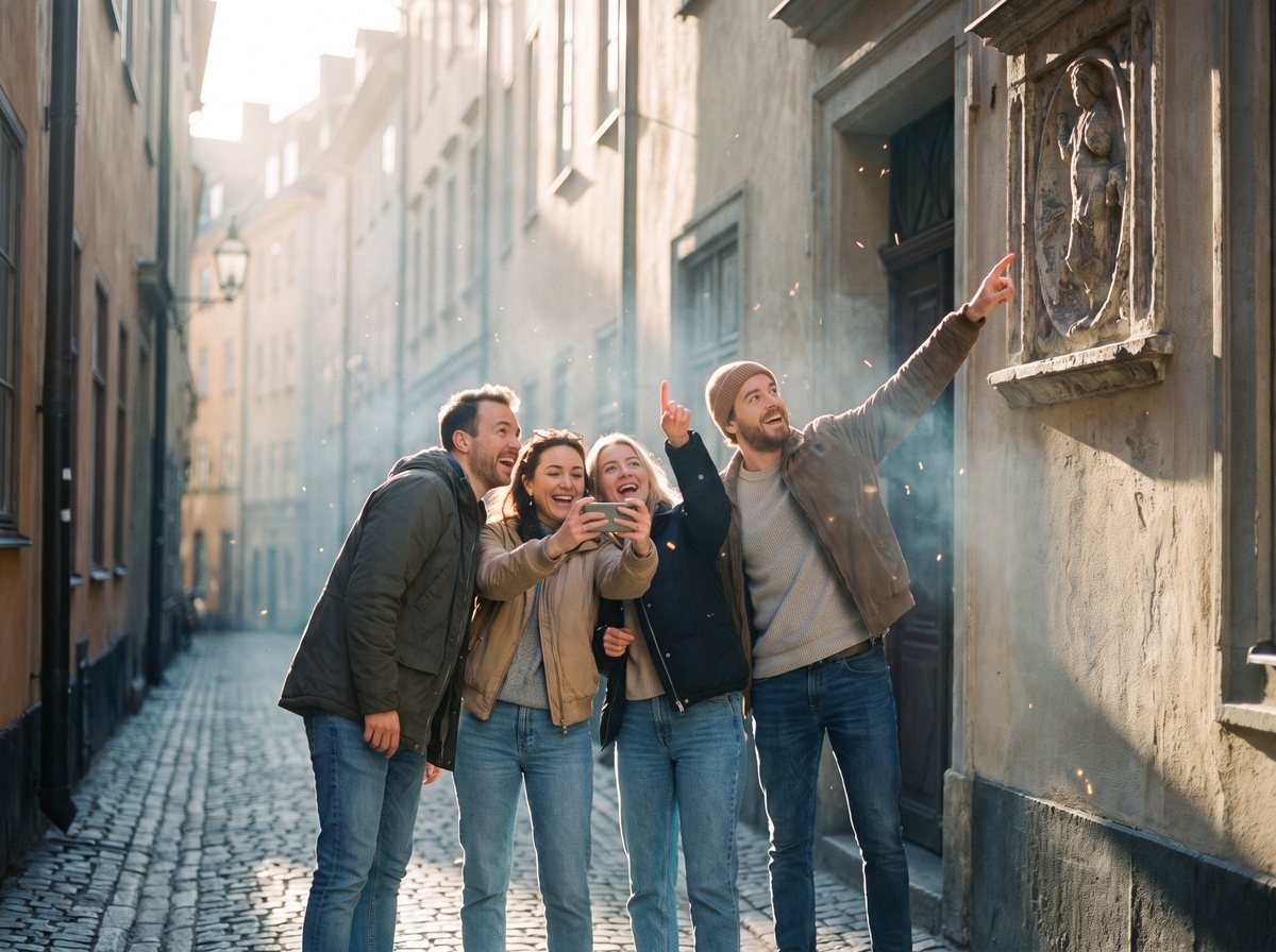 A group looking at a phone while pointing at a detail high on a wall