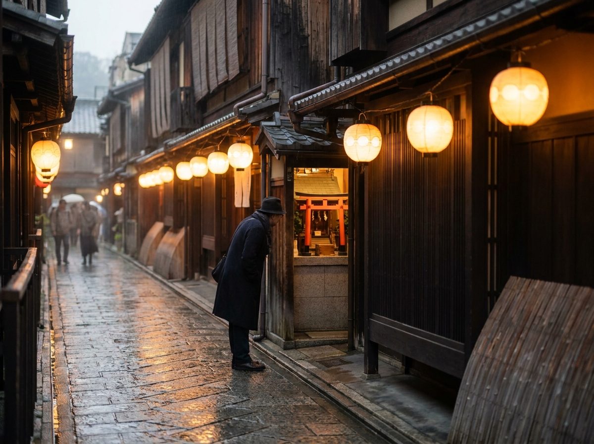A lane in Gion, Kyoto at nightfall with glowing paper lanterns and wooden townhouses