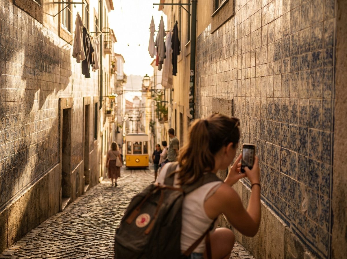 A steep tiled alley in Alfama, Lisbon, with a woman looking closely at one tile in the wall