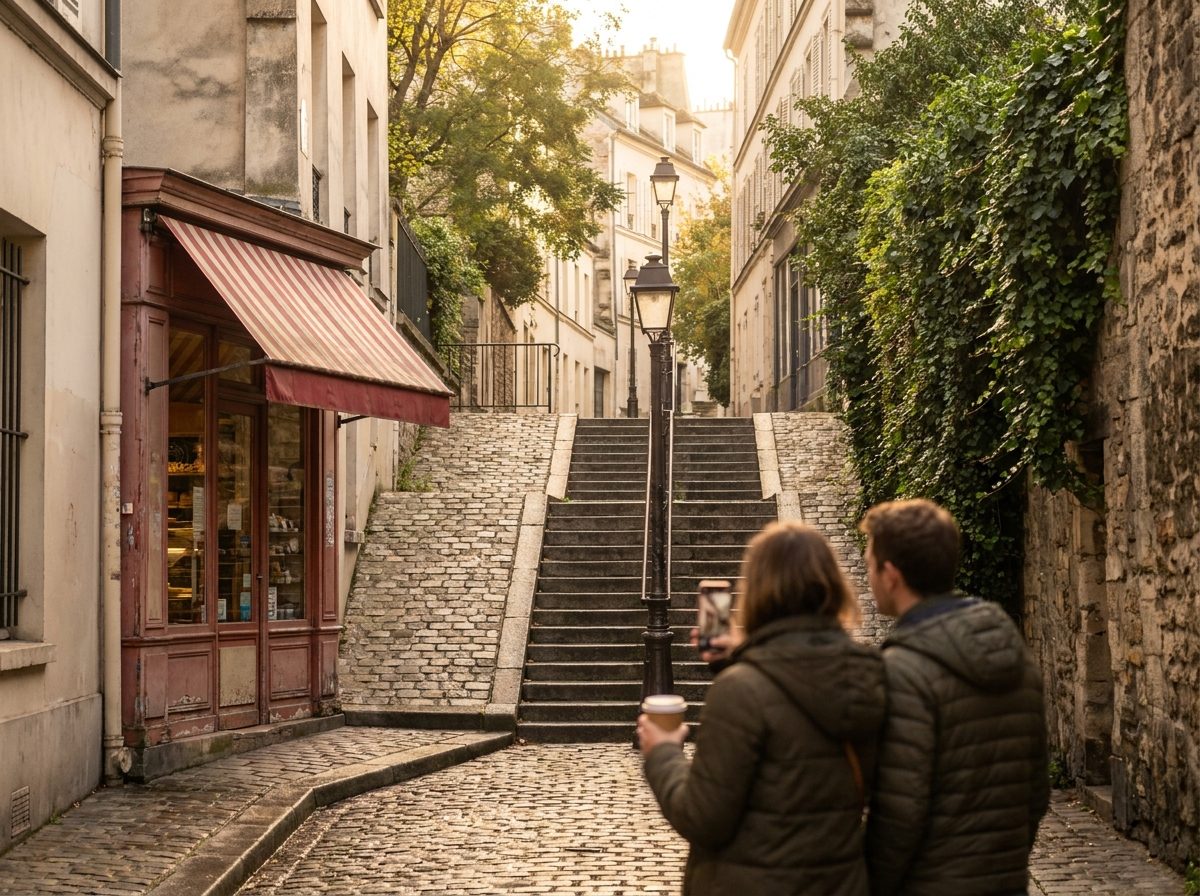 A Montmartre backstreet in Paris with wet cobbles, a corner bakery and steps climbing between lampposts
