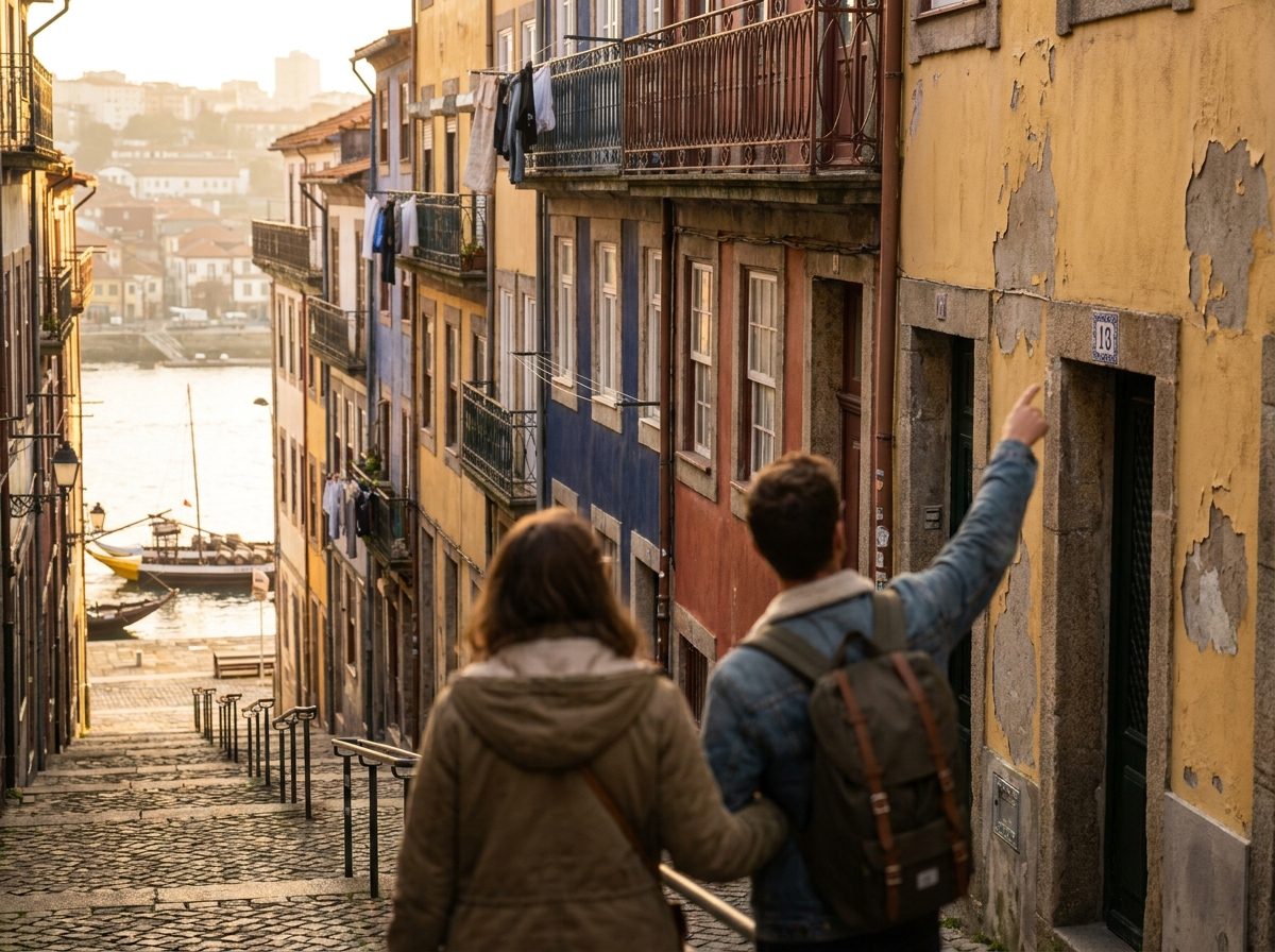 Stacked colourful houses above the river in the Ribeira district of Porto in golden light