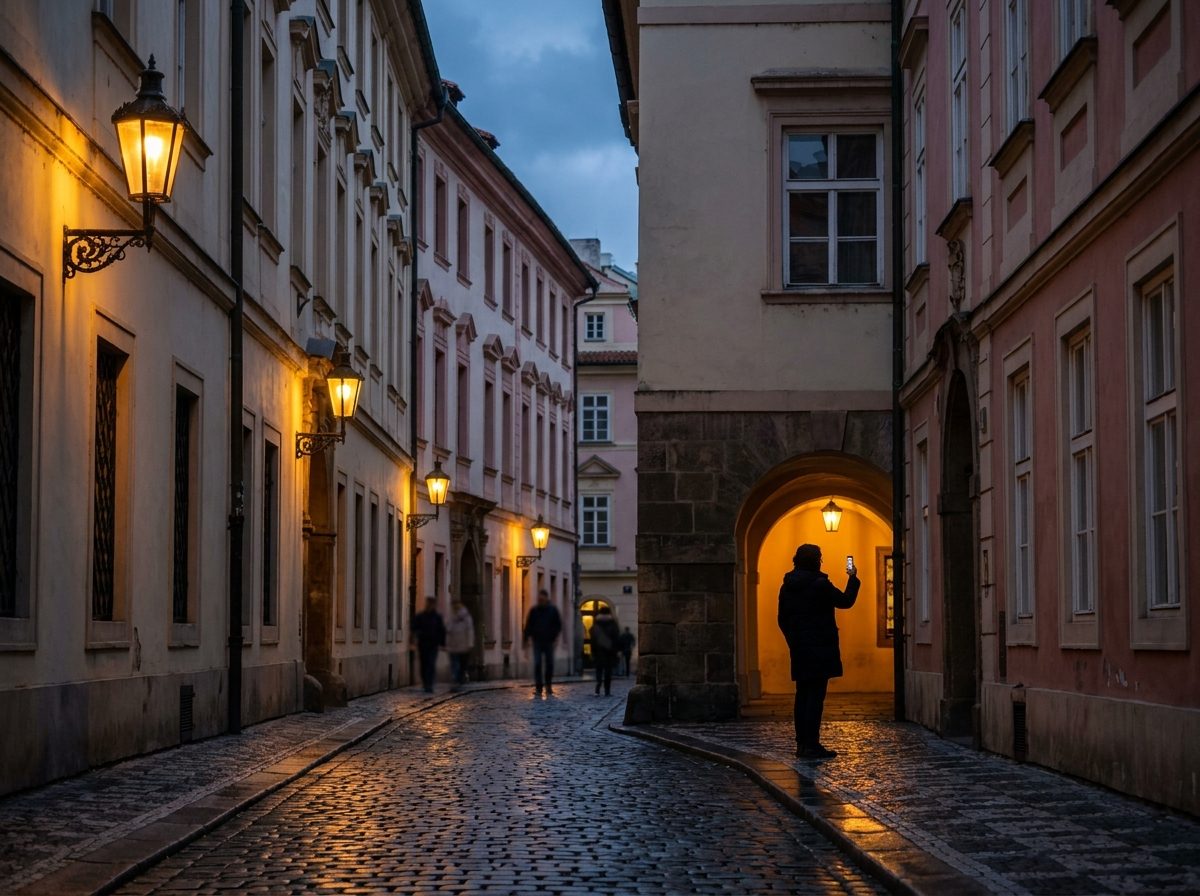 A Prague old town lane at blue hour with gas lamps reflecting on wet cobblestones