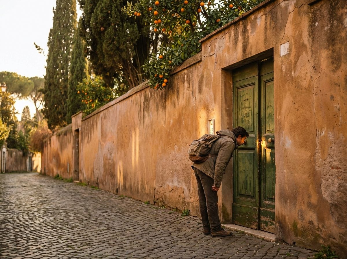 An old green door in an ochre wall on the Aventine hill in Rome at golden hour