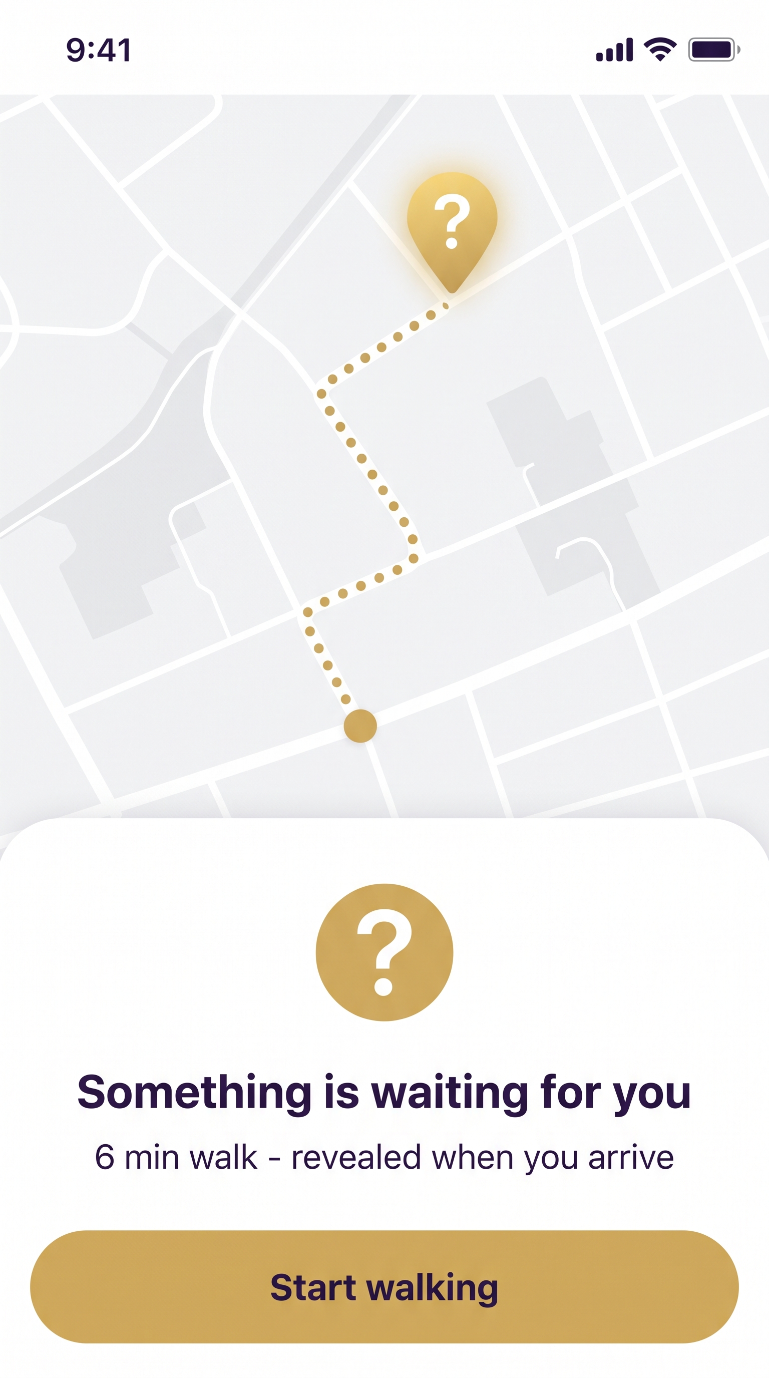 App screen: a walking route to a surprise find, revealed when you arrive