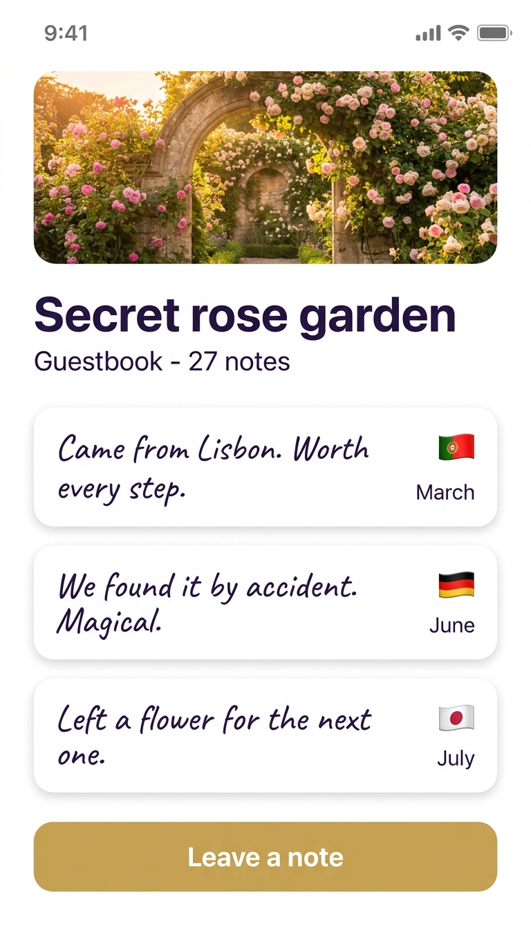 App screen: the guestbook of a secret rose garden, with notes left by other explorers