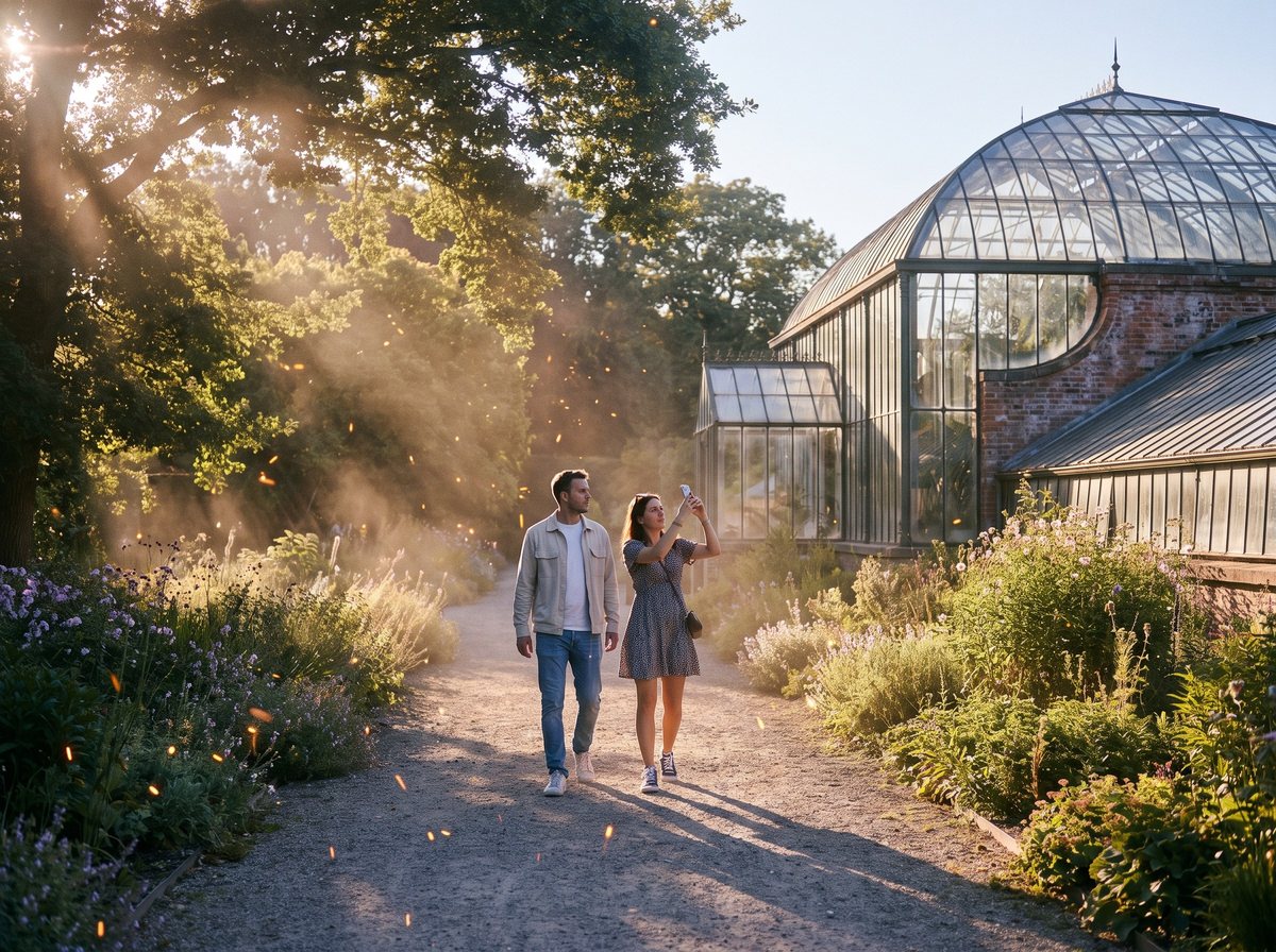 A couple walking a garden path