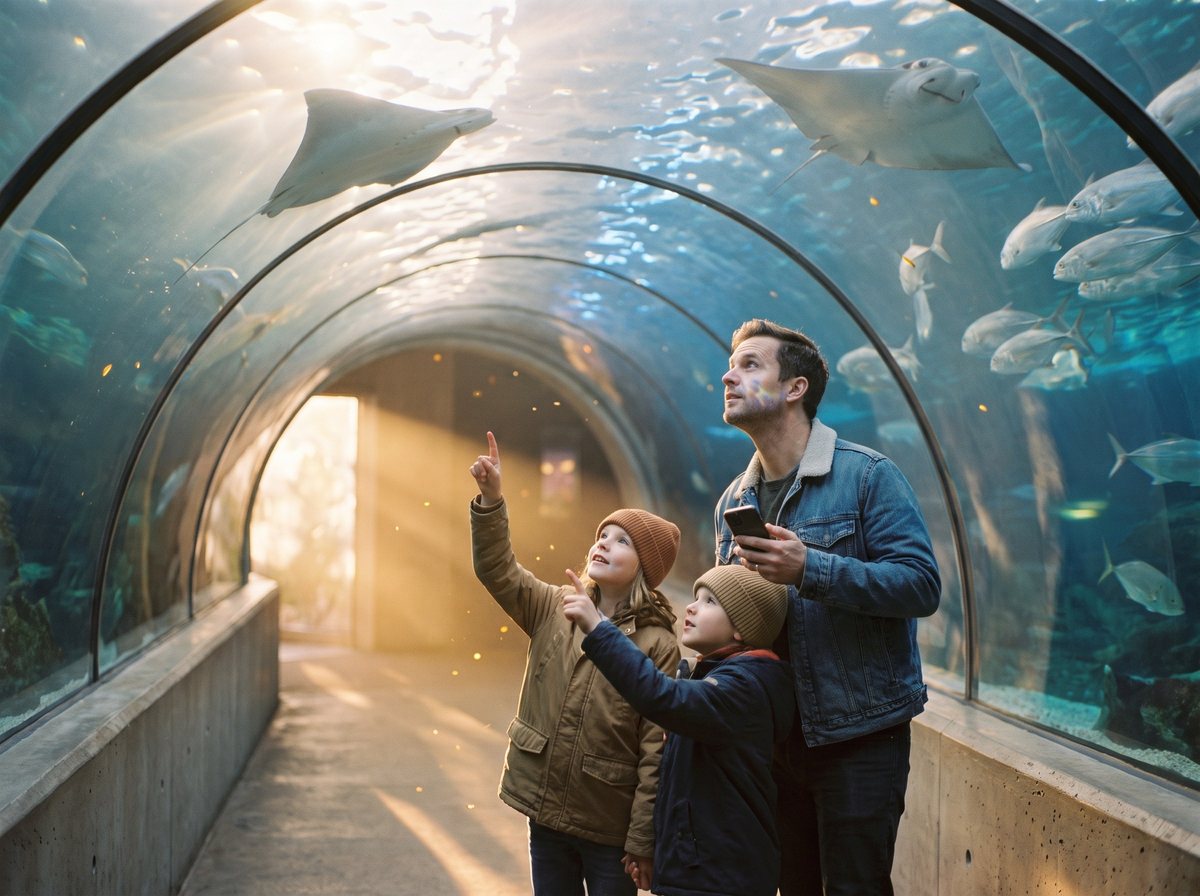 A family in an aquarium tunnel
