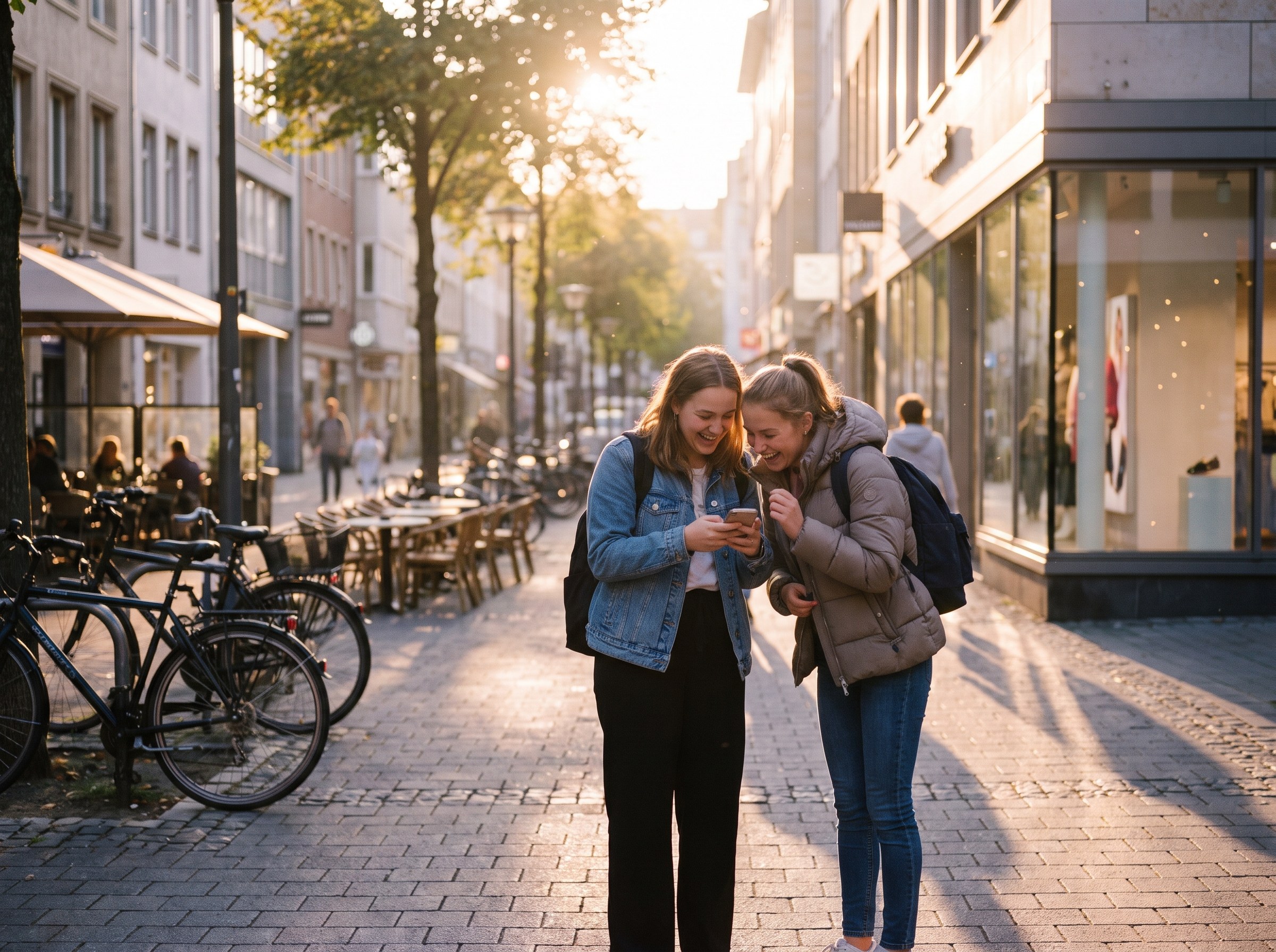 Two friends laughing at a find on one phone in a sunny street
