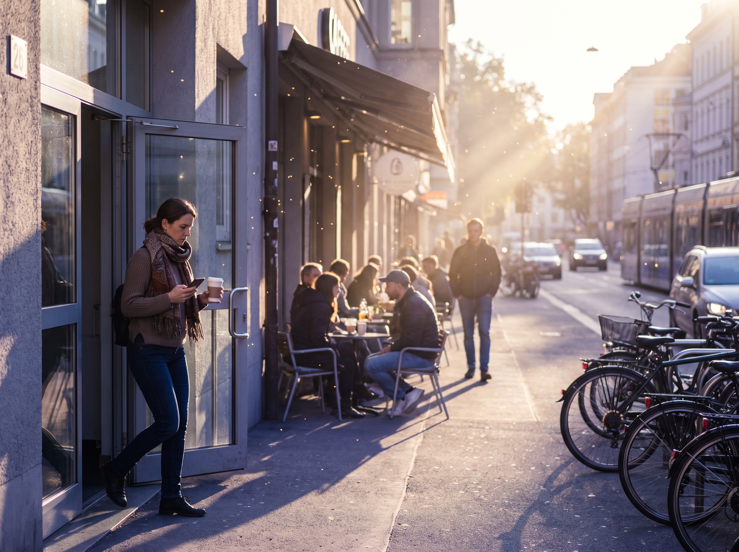 A woman walking out with a coffee, checking her phone, no plan needed