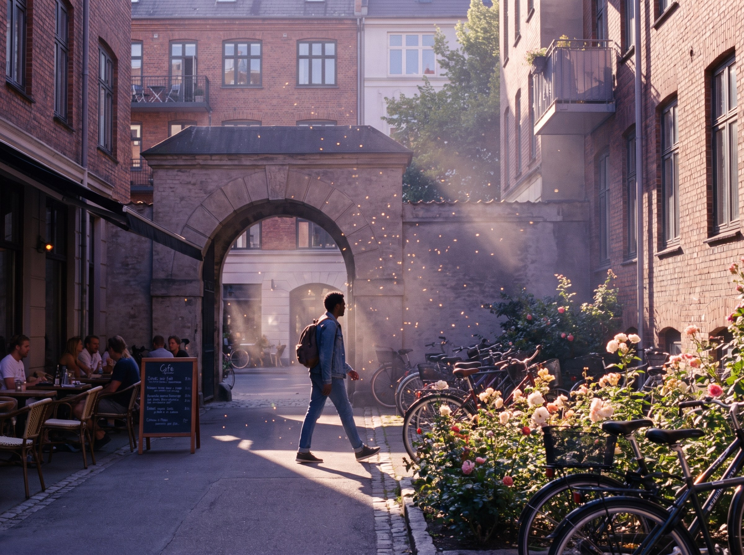 Someone walking through an old archway into a hidden rose courtyard